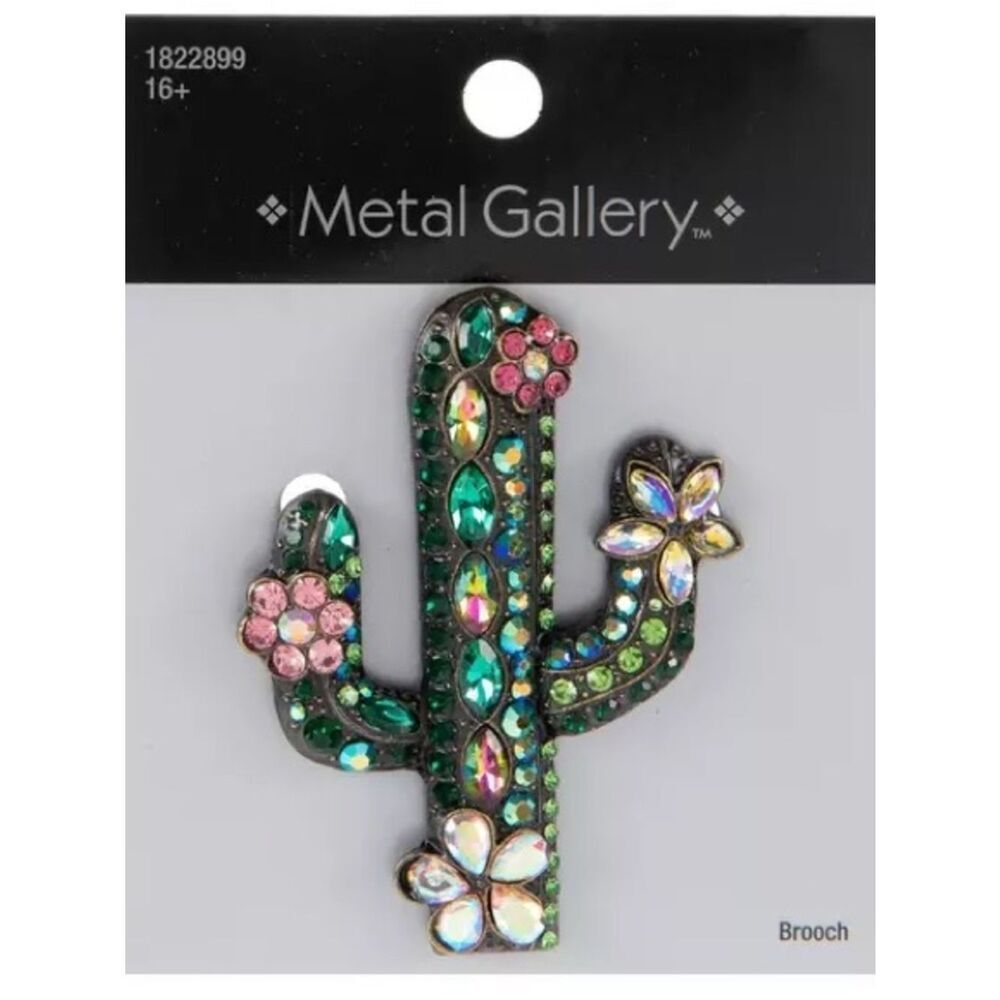 New Metal Gallery Jeweled Cactus Brooch - Green & Pink